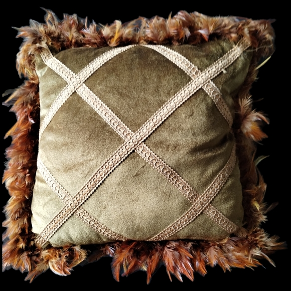 Golden Velvet Accent Throw Pillow with Feathered Border - Braided Diamond Design - Picture 4 of 4